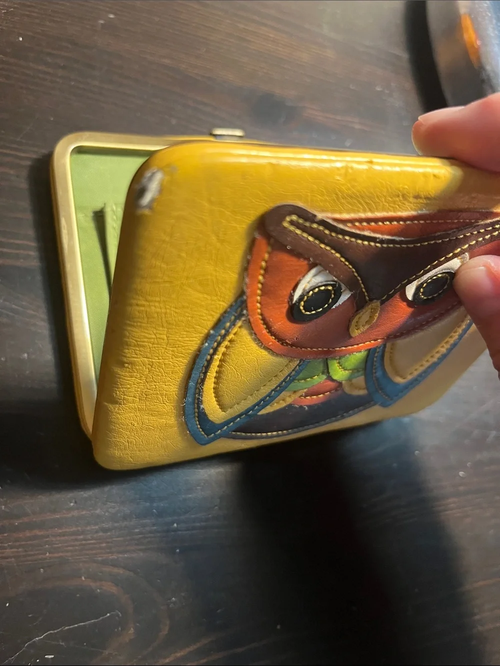 Vintage Yellow Owl Leather Clutch/small wallet with Multicolor Applique